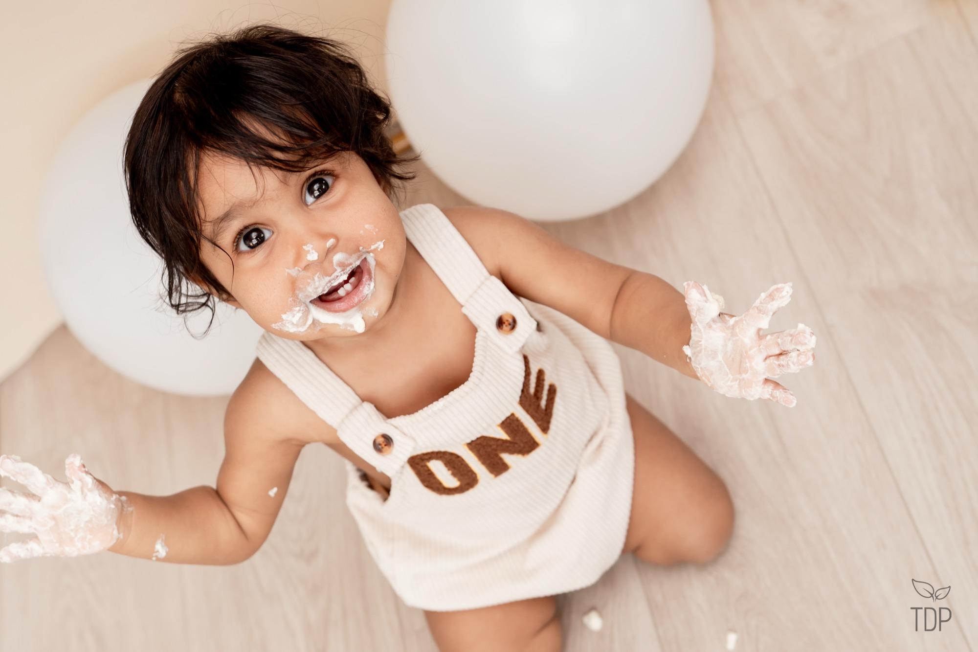 First birthday cake smash session at The Dewdrop Project studio in Bothell, Washington